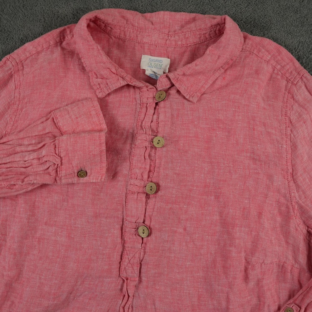 Sigrid Olsen Henley Tunic Shirt Women 1X Pink 100% Linen Roll‎ Tab Long Sleeve
